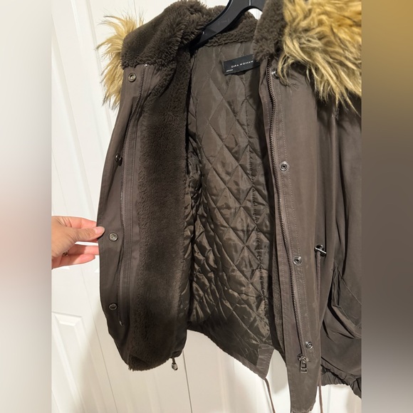 zara womens brown parka jacket with faux fur trim hood size M - Picture 6 of 7